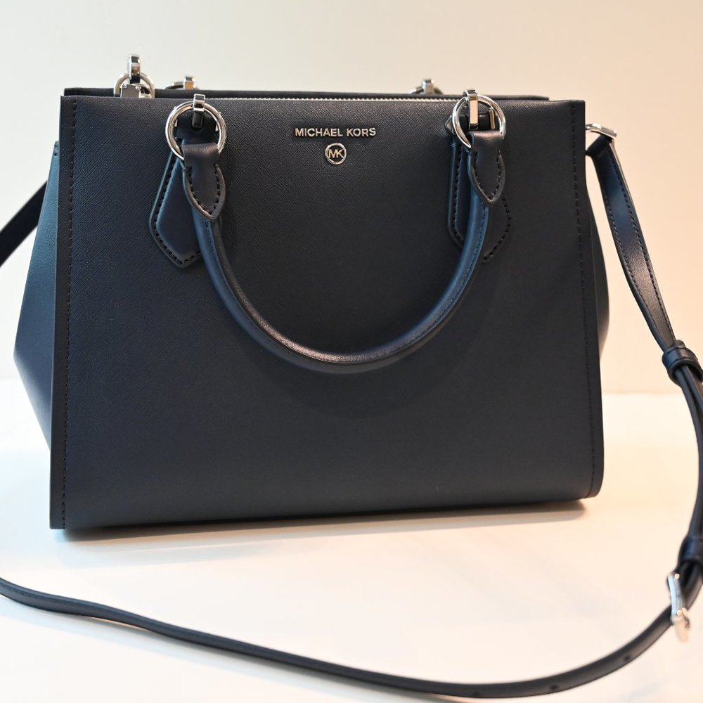 Michael Kors Marilyn Medium Saffiano Leather Satchel (Navy)